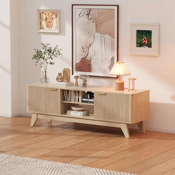 Jableast 57" Fluted TV Stand, Media Console Table with Adjustable Shelves & Power Outlet, Mid-Century Modern Entertainment Center for Living Room, Natural Wood