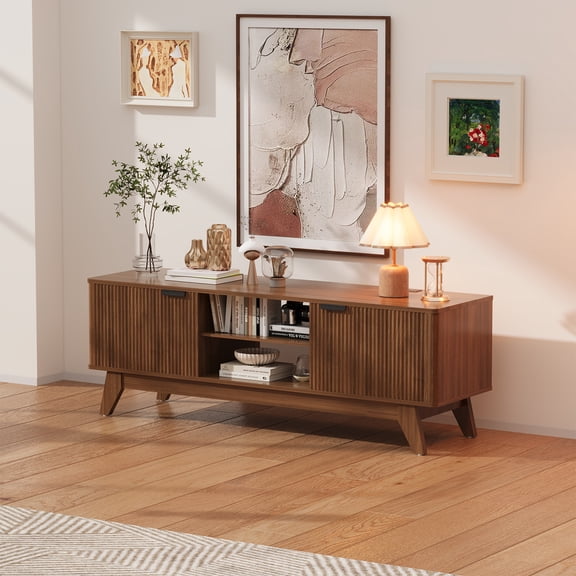 Jableast 57" Fluted TV Stand, Media Console Table with Adjustable Shelves & Power Outlet, Mid-Century Modern Entertainment Center for Living Room, Walnut