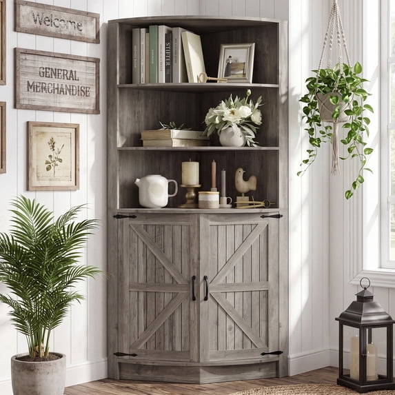 Jableast 67" Tall Farmhouse Corner Cabinet with Barn Door Design, Wooden Storage Cabinet with Open Display Shelves, Corner Hutch with Hidden Storage for Living Room, Kitchen, Bathroom, Grey