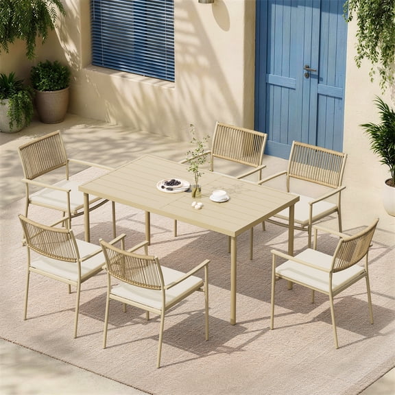 Jableast 7-Piece Outdoor Patio Dining Set, HDPE Rope Back Dining Chairs with Thick Cushions & Iron Frame Table, All-Weather 6-Person Patio Furniture Set for Garden, Backyard, Poolside（apricot）