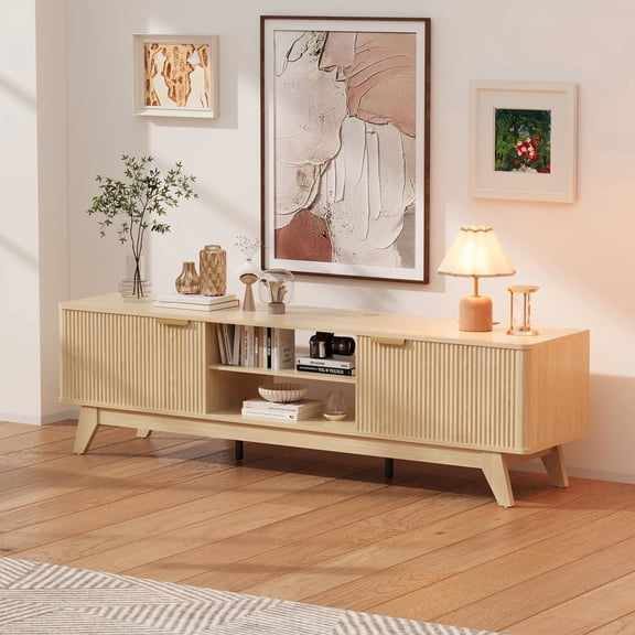 Jableast 70" Fluted TV Stand, Media Console Table with Adjustable Shelves & Power Outlet, Mid-Century Modern Entertainment Center for Living Room, Natural Wood
