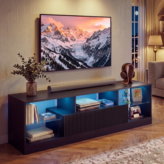 Jableast 70" TV Stand with LED Lights & Power Outlet, Modern Media Console for TVs up to 80", Fluted Drawer, Black