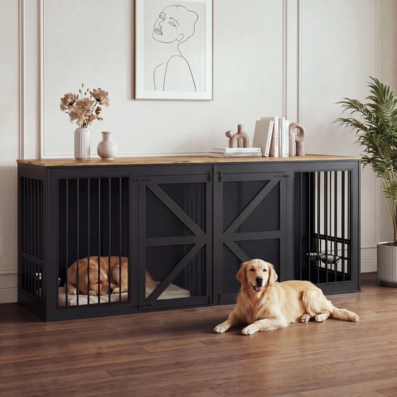 Jableast 94.6" Large Double Dog Crate Furniture, Wooden Dog Kennel with Double Doors & Divider, Indoor Pet House for 2 Medium or Large Dogs, Black