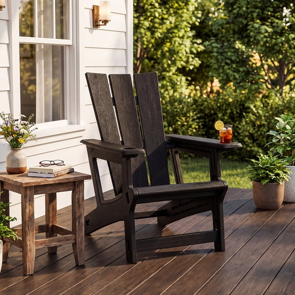 Jableast Adirondack Chair with Cup Holder, No-Screw Quick Assembly Outdoor Chair, All-Weather HDPE Patio Chair, Black