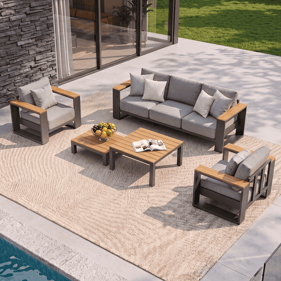 Jableast Aluminum Outdoor Patio Furniture Set With 2 Wood-Grain Coffee Tables,5-Person Outdoor Conversation Set With Wide Armrests,Outdoor Sectional Furniture Set For Porch,Balcony,Garden,Light Gray