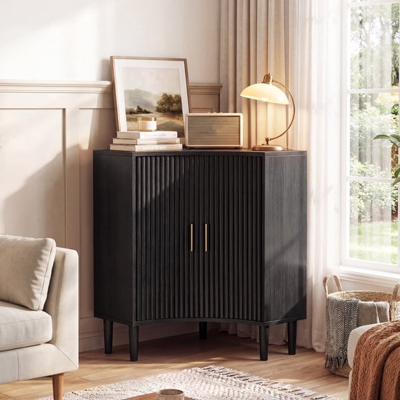 Jableast Fluted Corner Cabinet, Wood Corner Storage Cabinet with 2-Sliding Doors, Wooden Freestanding Narrow Storage Organizer for Small Space, Living Room, Dining Room, Bathroom, Black