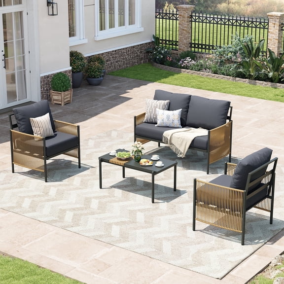 Jableast Outdoor Patio Furniture Set, 4 Piece Patio Conversation Sets with Coffee Table, HDPE Rope & Aluminum Armrests, All Weather Patio Set with Thick Cushions for Deck, Backyard, Graphite Grey