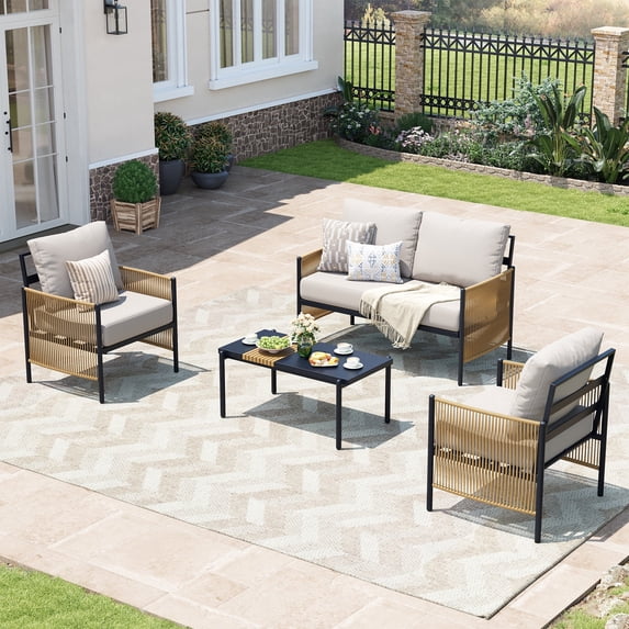 Jableast Outdoor Patio Furniture Set, 4 Piece Patio Conversation Sets with Coffee Table, HDPE Rope & Aluminum Armrests, All Weather Patio Set with Thick Cushions for Deck, Backyard, Indigo Ink