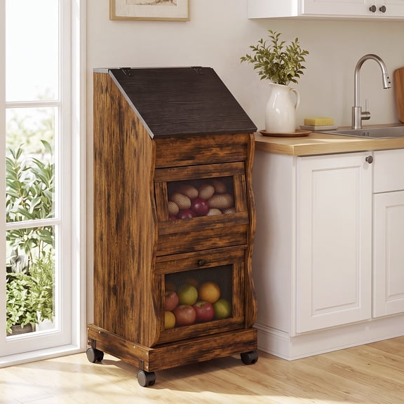 Jableast Rolling Potato Onion Bin, 3-Tier Kitchen Storage Cart with Wheels & Breathable Wire Mesh, Rustic Brown