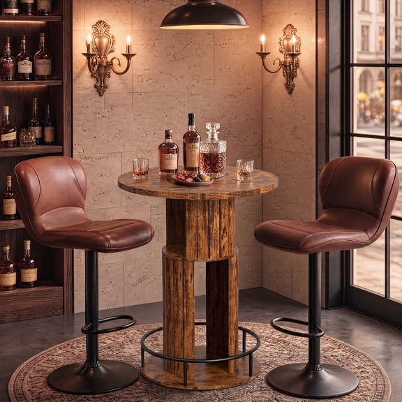 Jableast Round Bar Table, 39.4" H Counter Height Pub Table With Storage, Bistro Table With Metal Ring Footrest, For Home Bar, Kitchen, Dining Room, Brown