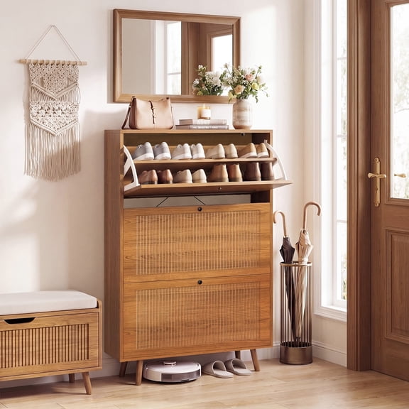 Jableast Shoe Storage Cabinet with 3 Flip Drawers, Fluted Panel Wooden Shoe Rack Organizer with Adjustable Shelves for Entryway, Hallway, Living Room, Walnut