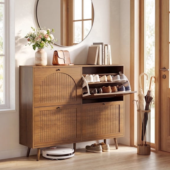 Jableast Shoe Storage Cabinet with 4 Flip Drawers, Fluted Panel Wooden Shoe Rack Organizer with Adjustable Shelves for Entryway, Hallway, Living Room, Walnut