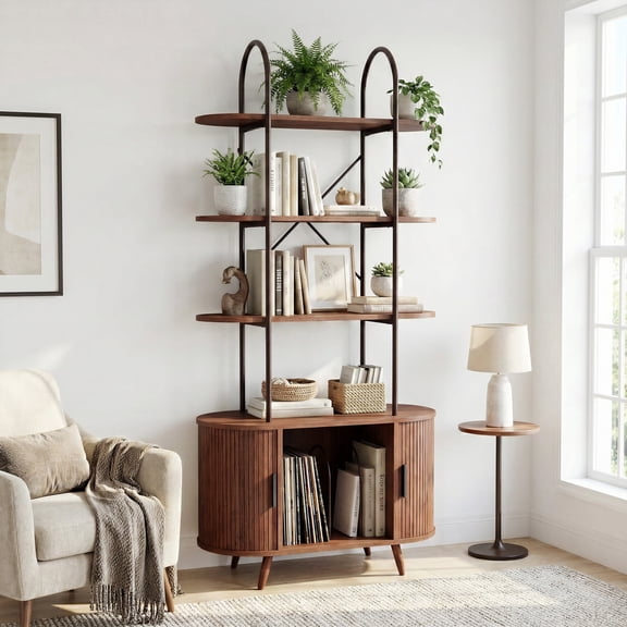 Jableast Tall Fluted Record Player Stand with Storage, 4-Tier Arched Retro Media Display with Curved Sliding Door Cabinet, Mid Century Modern Turntable Stand for Living Room, Home Office, Walnut