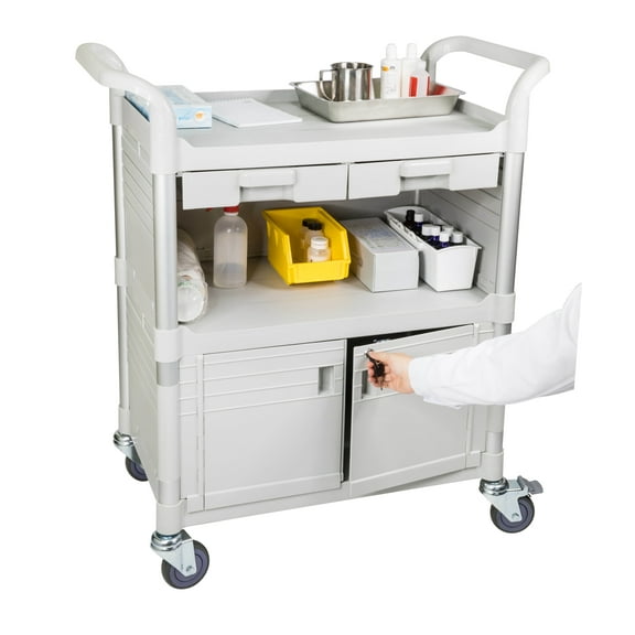 JaboEquip, Larger 3 Shelf Heavy Duty Lockable Hospital cart Medical cart, Utility Cart 606 lbs for Medical, L34.43xD19.69xH40.55 inch, Off-white (Light grey) color