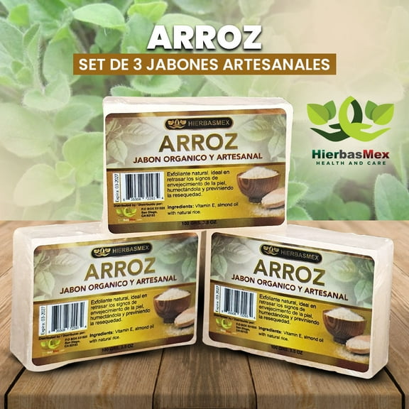 Jabon de Arroz Aclarante Pack de 3 - Rice Soap Bar for Face Artesanal HierbasMex