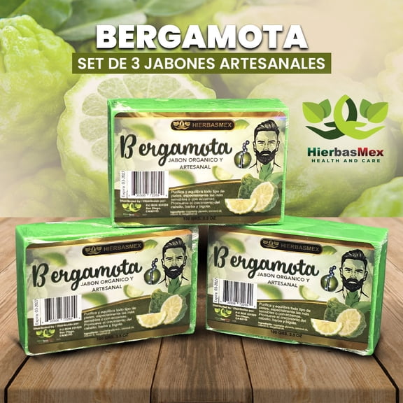 Jabon de Bergamota Artesanal y Natural en Barra Pack de 3 100g. Bergamot Bar Soap HierbasMex