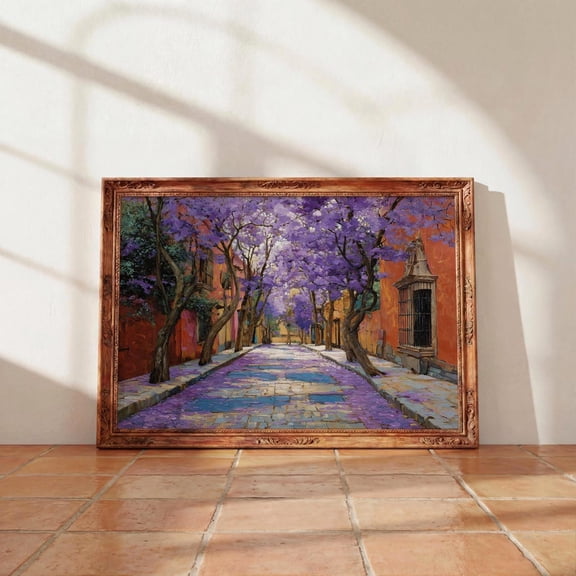 Jacaranda Street Wall Art Mexico Blossom Colonial Street Purple Tree, Unframed Canvas