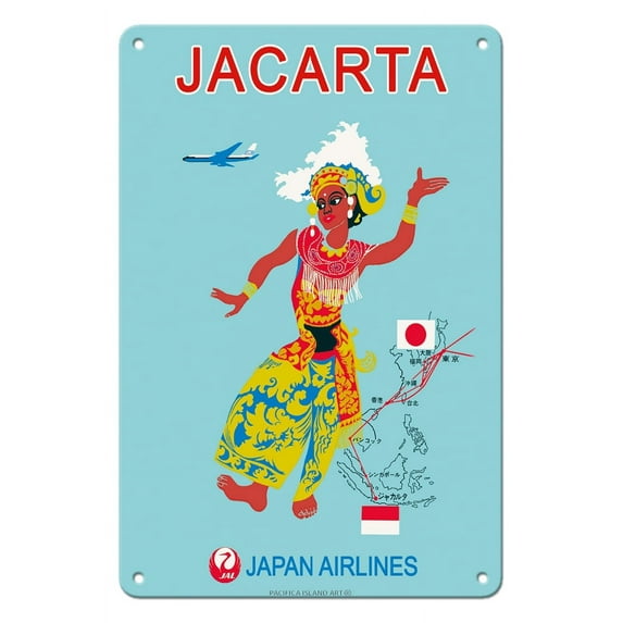 Jacarta - Japan Air Lines (JAL) - Vintage Airline Travel Poster c.1960s - 8 x 12 inch Vintage Metal Tin Sign