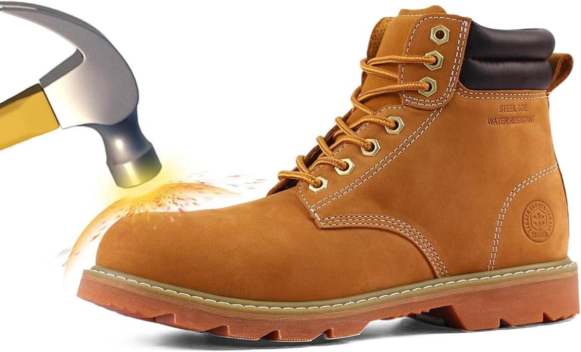 Jacata Men's Steel Toe Water Resistant Leather Work Boots (Wheat