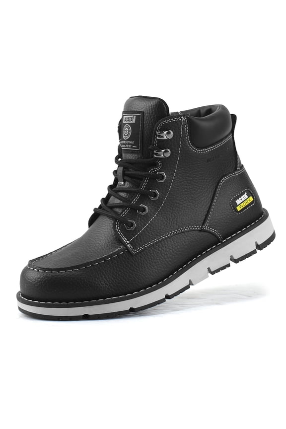 Moc Toe Work Boots for Men Soft Toe Leather Non Slip Boots (Black 9.5)