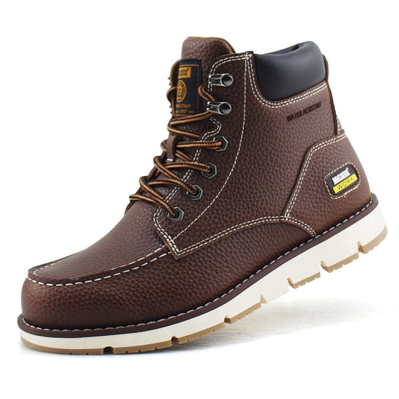 Jacata Moc Toe Work Boots for Men Soft Toe Leather Non Slip Boots (Brown 10.5)