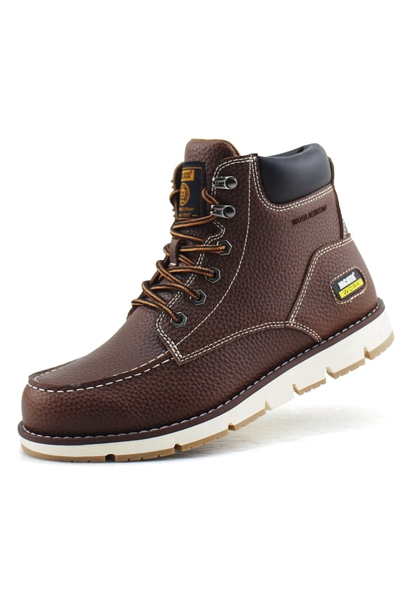 Moc Toe Work Boots for Men Soft Toe Leather Non Slip Boots (Brown 10)