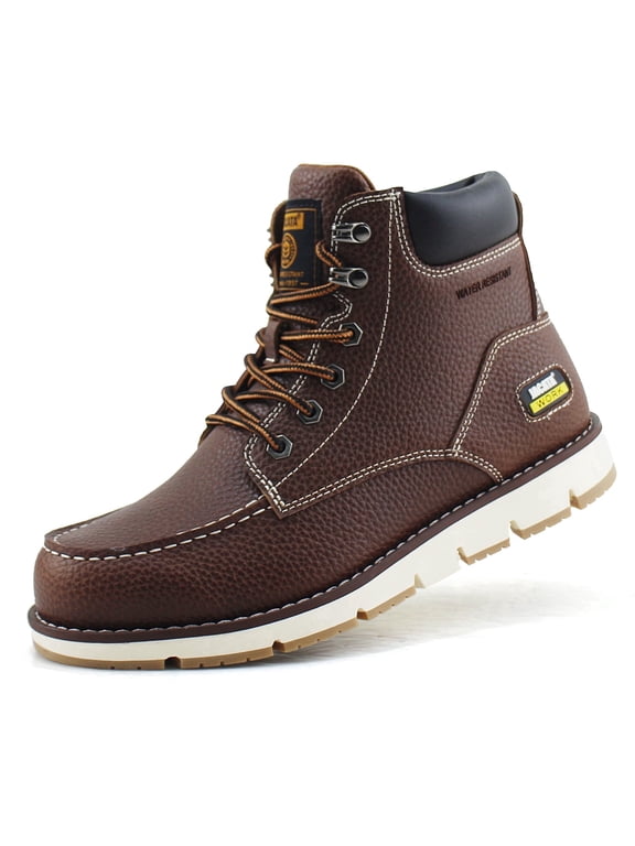 Moc Toe Work Boots for Men Soft Toe Leather Non Slip Boots (Brown 9)