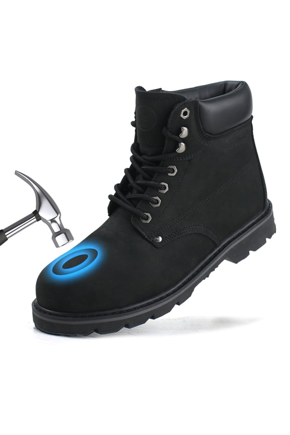 Steel Toe Boots for Men Construction Non Slip Leather Work Boots (Black Size 13)