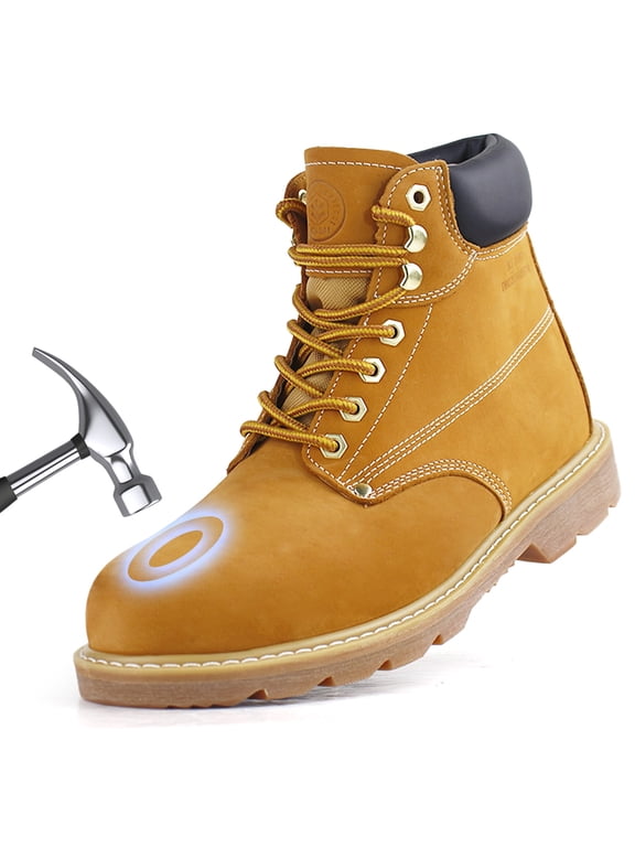 Steel Toe Boots for Men Construction Non Slip Leather Work Boots (Wheat Size 10)