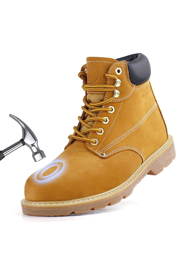 Steel Toe Boots for Men Construction Non Slip Leather Work Boots (Wheat Size 9.5)
