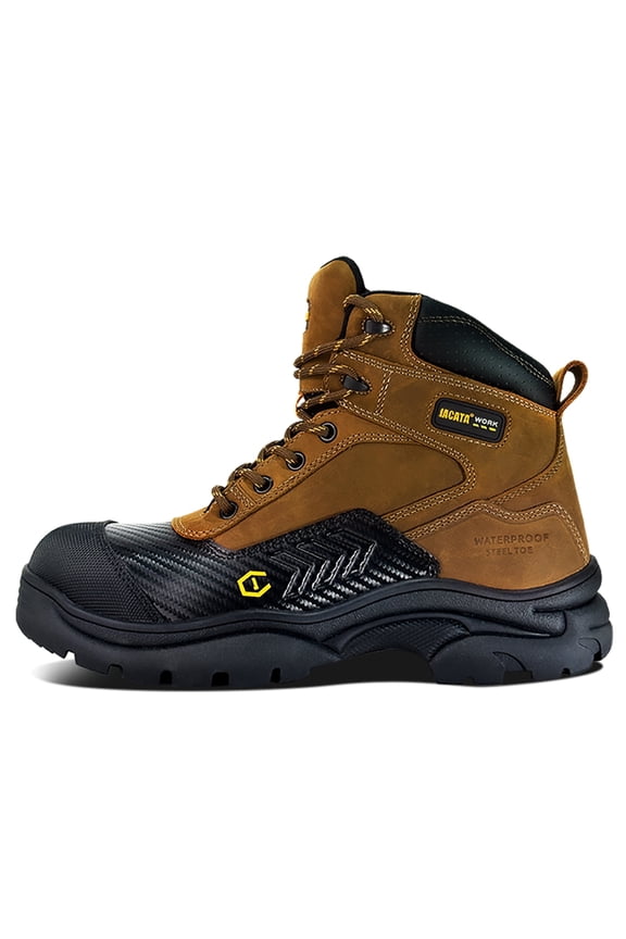 Waterproof Leather Soft Toe Boots for Men Slip Resistant Rubber Outsole Safety Mens Work Boots (Size 9.5)