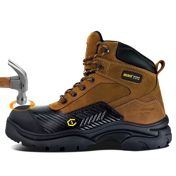 Jacata Waterproof Leather Steel Toe Boots for Men Slip Resistant Rubber Outsole Safety Mens Work Boots (Size 10)