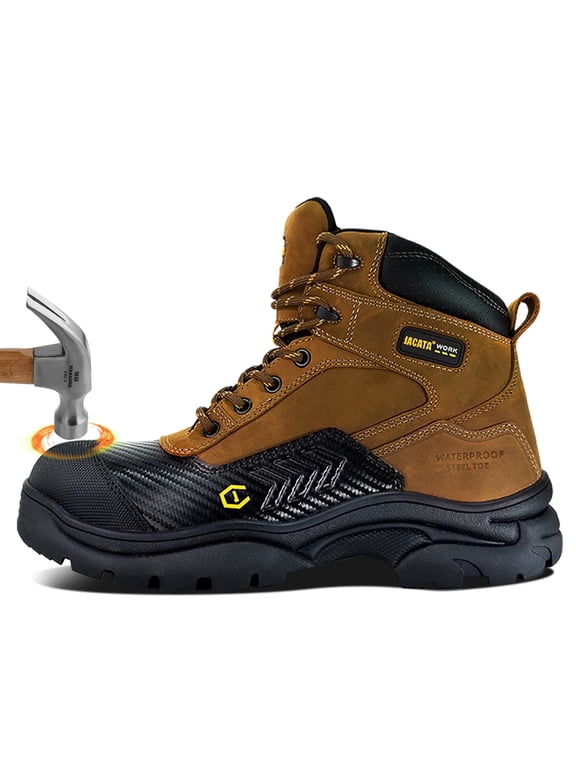 Waterproof Leather Steel Toe Boots for Men Slip Resistant Rubber Outsole Safety Mens Work Boots (Size 10)