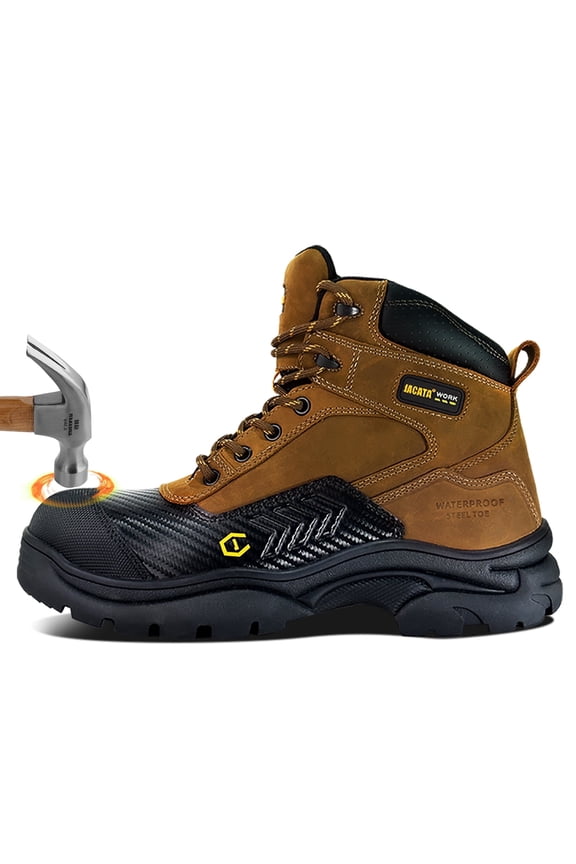 Waterproof Leather Steel Toe Boots for Men Slip Resistant Rubber Outsole Safety Mens Work Boots (Size 10)