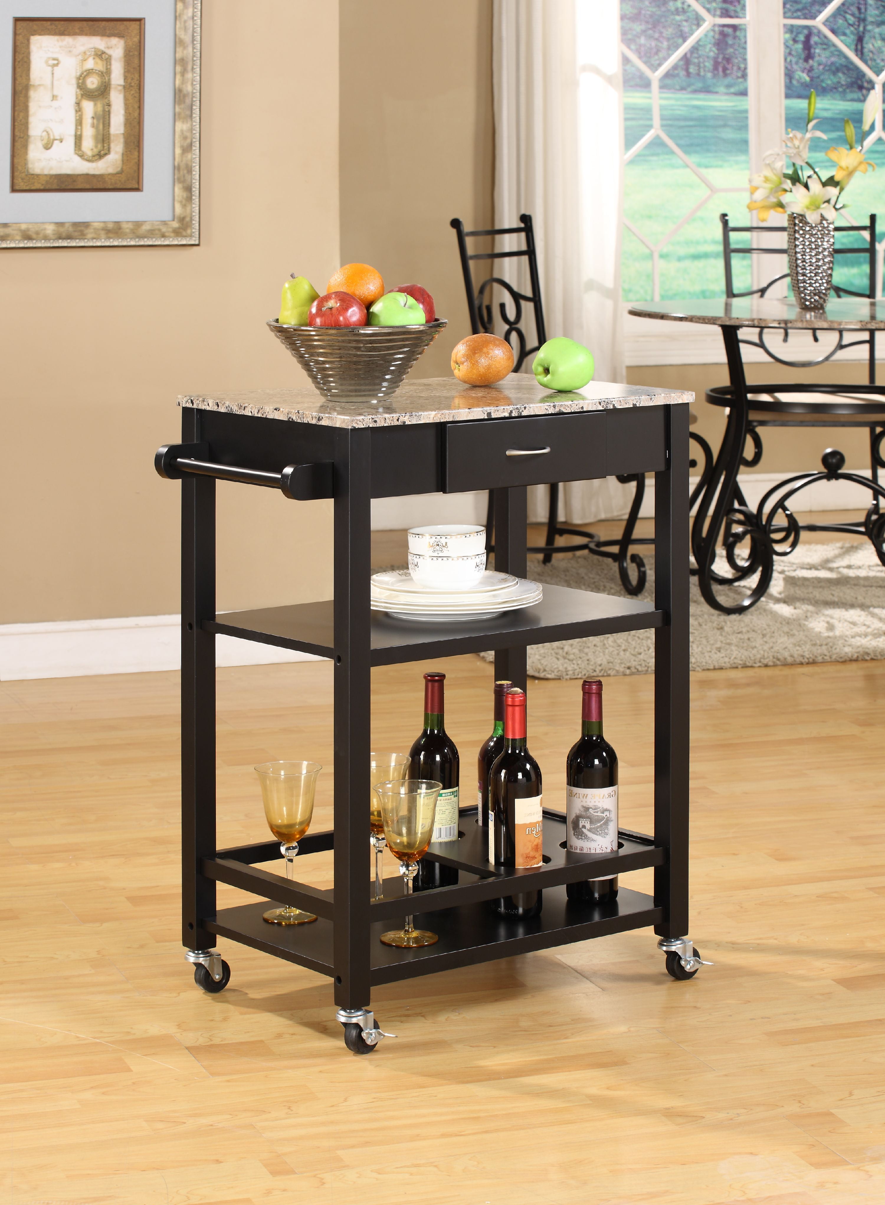 Jace Contemporary Kitchen Serving Cart, Black Wood with Faux Marble Top