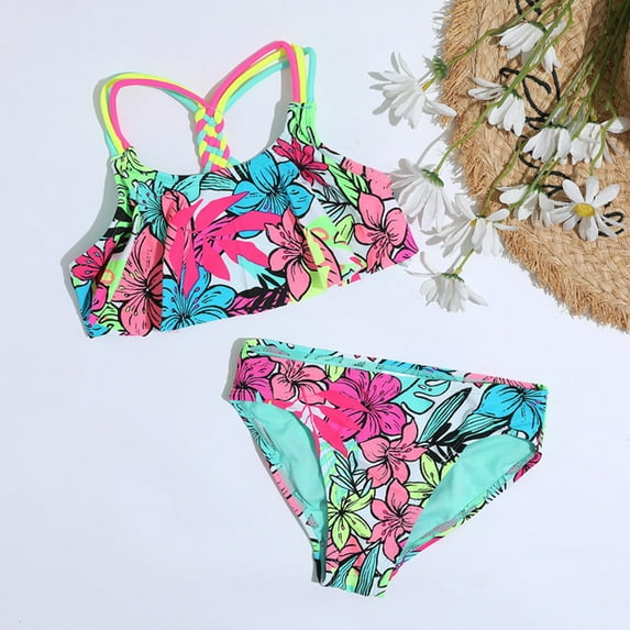 Jacenvly 2 Piece Swimsuits for Kids Clearance 2024 New Style 8-10 Years Girl 2 Piece Swimsuit Sport Soild High Waist Bikini Set Swimwear Bathing Suit Swim Shorts Girls Size 8Y Sky Blue
