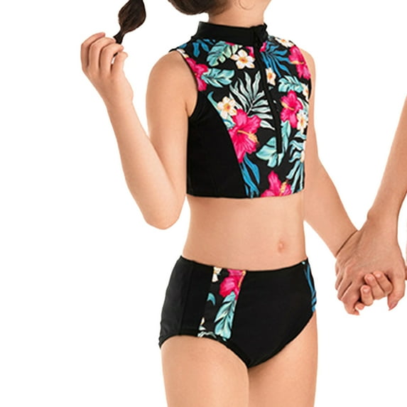 Jacenvly 2 Piece Swimsuits for Kids Clearance Soft Satiny Parent-Child Swimsuit Split High-Waisted Foreign Trade Bikini New Mother-Daughter Zipper Children's Swimsuit 2Y-10Y 2Y Black