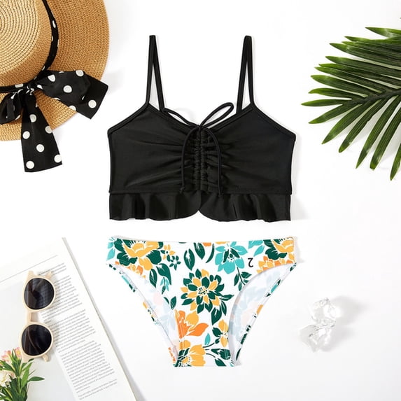 Jacenvly 2 Piece Swimsuits for Kids Quick Drying Girls Swimsuit 2 Pc Bikini Set Ruffle Bathing Suits Flounced Swimwear 5-13 Years 7Y Black