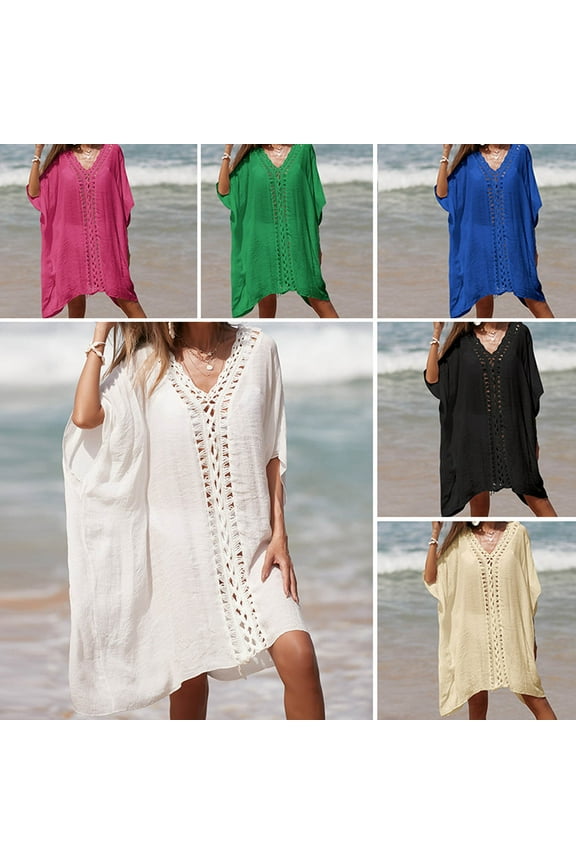 2024 Beach Cover-Up Plus Size Quick Drying Womens Bathing Suit Bikini Swimsuit Coverup Beach Crochet Loose Hollow Out Coverup Skirt Solid V-Neck Trendy Beige