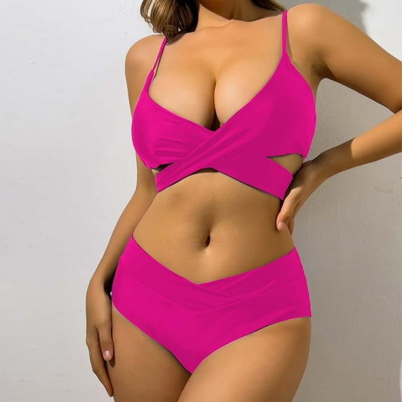 Jacenvly 2024 Bikini Swimsuits for Women Comfortable Women's Color Swimwear Two-Piece Slim Swimsuit Bikini Straped Swimsuits Solid Fashion Beach Dresses for Women Casual Summer Hot Pink