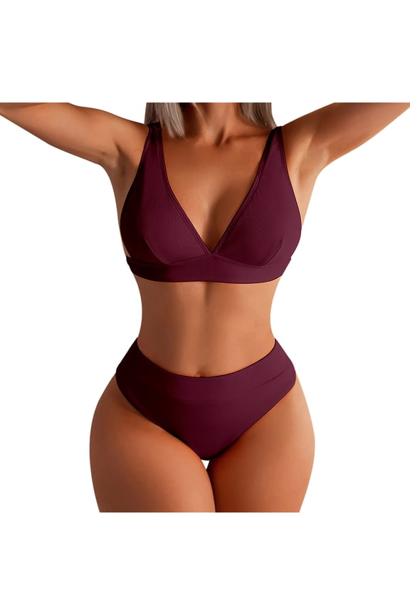 2024 Bikini Swimsuits for Women Skin-Friendly Women's Bikini Set Swimsuit Two Piece Filled Bra Swimwear Beachwear Solid Cozy Beach Dresses for Women Casual Summer Wine