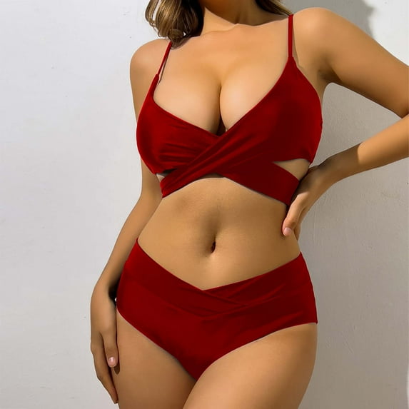 Jacenvly 2024 Bikini Swimsuits for Women Soft Satiny Women's Color Swimwear Two-Piece Slim Swimsuit Bikini Straped Swimsuits Solid Beach Dresses for Women Casual Summer Red