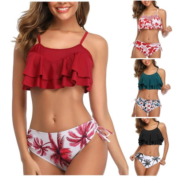 Jacenvly 2024 Bikinis for Juniors 2 Piece Skin-Friendly Fashion Women Two Piece Swimsuits Ruffles Swimwear Beachwear Swimdress Tropical Cozy Beach Bikini Wrap Black