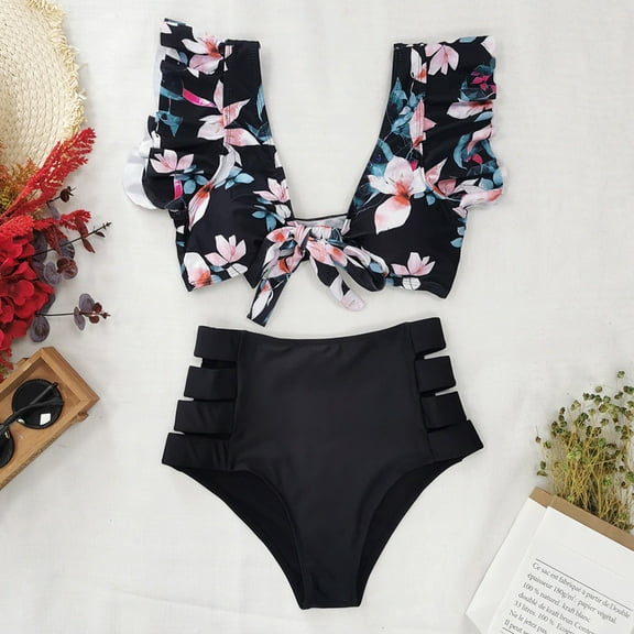 Jacenvly 2024 Bikinis for Juniors 2 Piece Soft Satiny Women Ruffled Split Swimsuit High Waist Bikini Swimsuit Floral Casual Beach Bikini Wrap Black