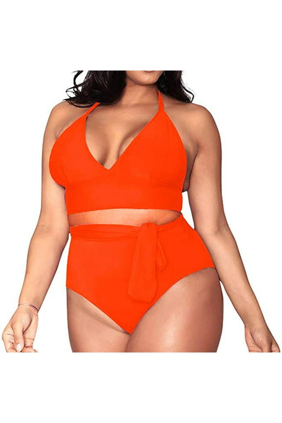 2024 Bikinis for Juniors 2 Piece Soft Satiny Women's Plus Size High Waisted Swimwear Swimsuit Solid Casual Beach Bikini Wrap Orange