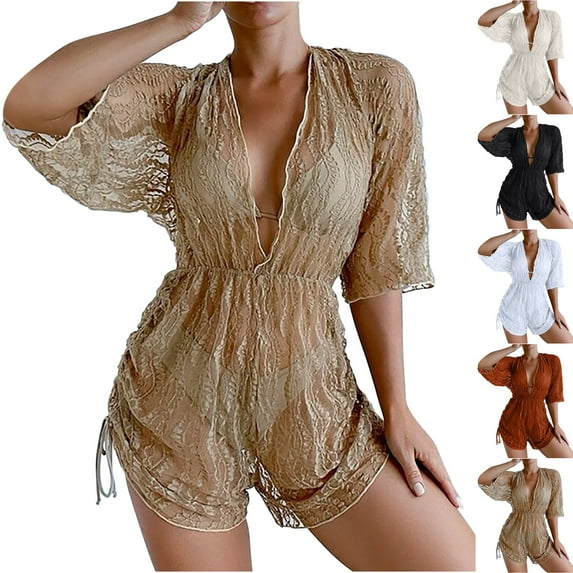 Jacenvly 2024 Cover-Up Split Three-Piece New Style Elbow-Length Swimsuit Solid with Cover up Surfing Swimwear Soft Three-Piece Suit Women Bandage Bikini Push-Up Beachwear Set Brown