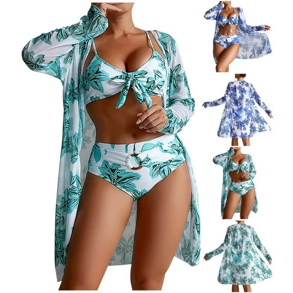 Jacenvly 2024 Cover-Up Split Three-Piece New Style Long Sleeve Swimsuit Floral with Cover up Surfing Swimwear Soft Women'S Printed Bikini Straps Bikini Split Set Three Piece Set Mint Green