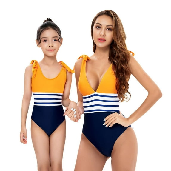 Jacenvly 2024 Family Swimsuits Matching Set Soft Cozy Swimwears Trendy Parent-Child Ladies Swimsuit Set High Waist Backless Swimsuit Bikini Set Yellow