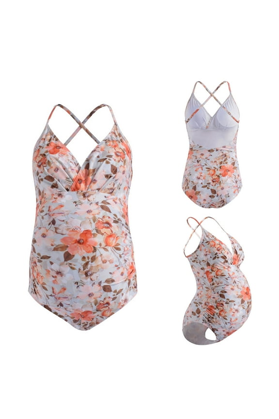 2024 Maternity Swimwear Plus Size Skin-Friendly Summer Pregnant Women Print Bikini-Piece Plus Size Swimsuit Floral V-Neck Cozy Swimsuit Motherhood Orange