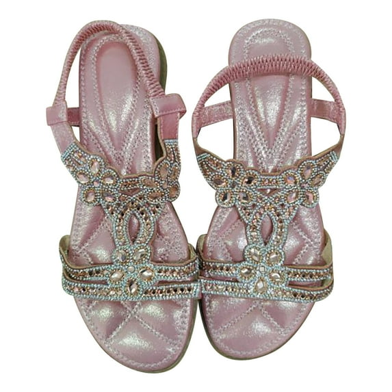 Jacenvly 2024 New Bohemian Women Flats Wedge Heel Open Toe Comfortable Shoes Roman Sandals Pink Sandals for Women